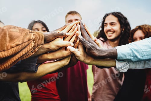 Preview: Joyful group of multi-ethnic community of happy people having fun joining hands in the park
