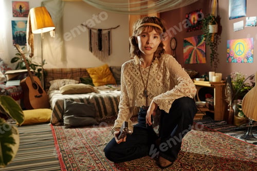 Preview: Portrait of Woman Holding String Instrument Surrounded by Decor
