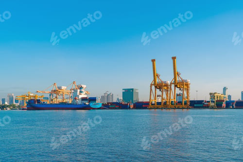 Preview: container cargo ship in the export and import business and logistics. Shipping to the harbor