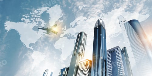 Preview: Plane Flying Above Skyscrapers. Business Travel Concept