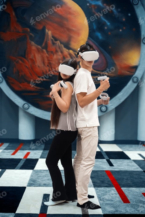 Preview: A team of young friends using virtual reality VR equipment on a arena