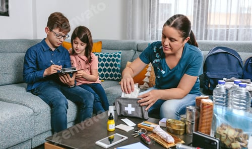 Preview: Mother preparing emergency backpack with her children