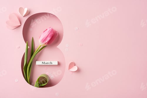 Preview: A pink tulip inside an elegant ribbon-shaped cutout, representing Women's Day and the month of March