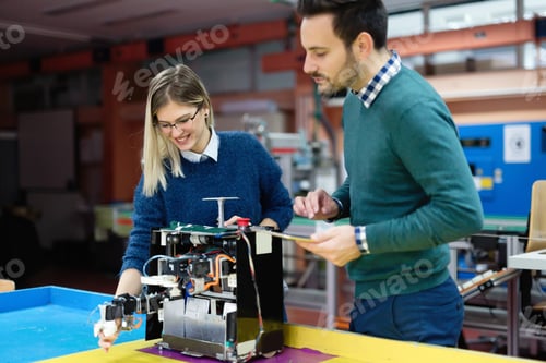 Aperçu: Young students of robotics preparing robot for testing