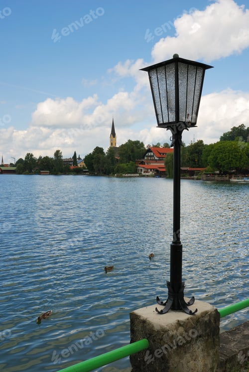 Preview: Lake Scene With Ducks, Lamp Post, Blue Sky