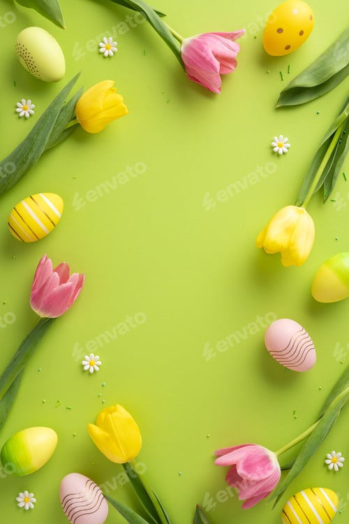 Preview: Colorful vertical Easter setup featuring tulips, decorative eggs, daisies