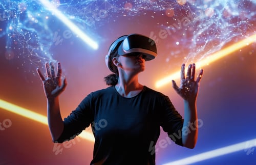 Preview: Woman with VR virtual reality goggles