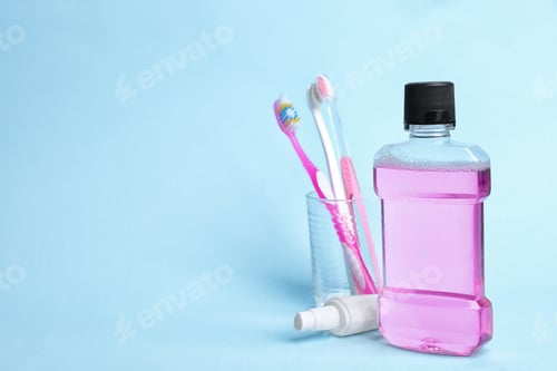 Preview: Oral care products and space for text on color background. Teeth hygiene