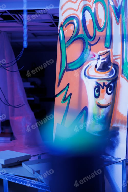 Preview: Empty neglected building with purple bright lights