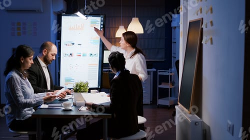 Preview: Upset irritated frustrated businesswoman entering in office meeting room late at night