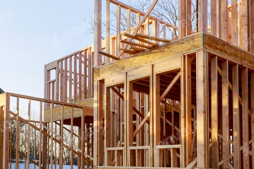 Preview: American residential beams of home in wooden frame house under construction