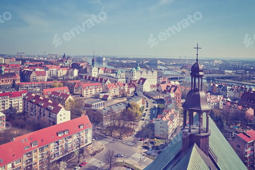 Preview: Vintage stylized aerial view of Szczecin city, Poland.