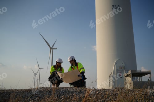 Preview: Sustainable energy industry - Engineers working at alternative renewable wind energy farm