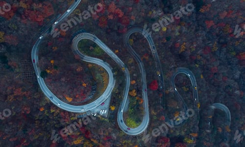 Preview: Beautiful curvy street on the Nikko mountain, Japan. Aerial view