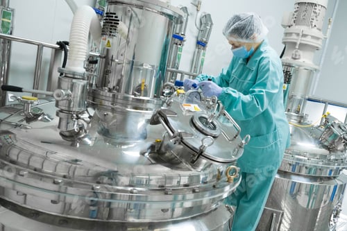 Preview: Pharmaceutical factory woman worker in protective clothing operating production line in sterile