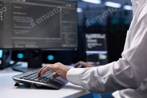 Preview: IT administrator working on PC in hardware room housing server rackmounts