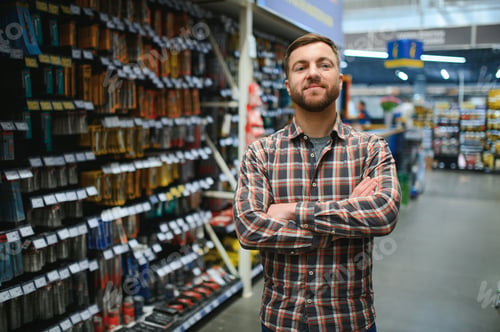 Preview: handsome young man shopping for tools at hardware store