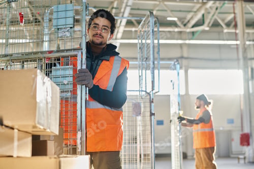 Preview: Young male worker of warehouse in eyeglasses, gloves and safety vest