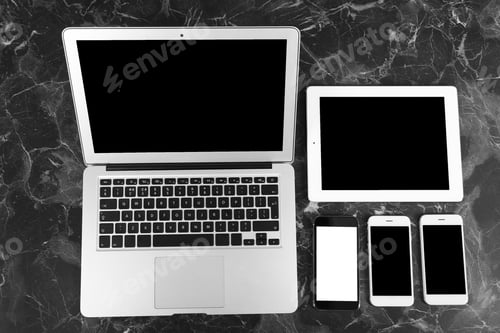 Preview: Devices with blank screens on marble background, top view. Mock up for design