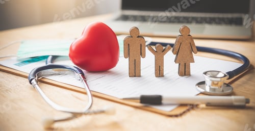 Preview: Medical Insurance Concept With Family And Stethoscope On Wooden Desk