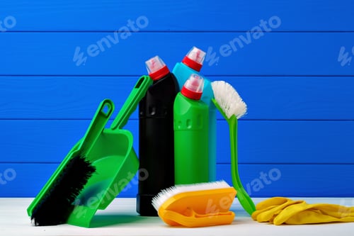 Preview: Various cleaning items against blue wooden background