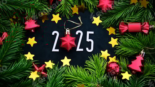 Preview: New Year 2025 background. Number of the coming year in Christmas decoration.