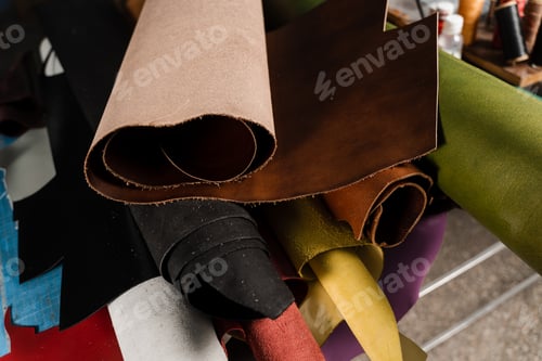 Preview: Genuine leather materials stacked in professional leather workshop