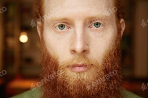 Preview: Highly-detailed portrait of good-looking Caucasian hipster with long red beard, beautiful blue eyes