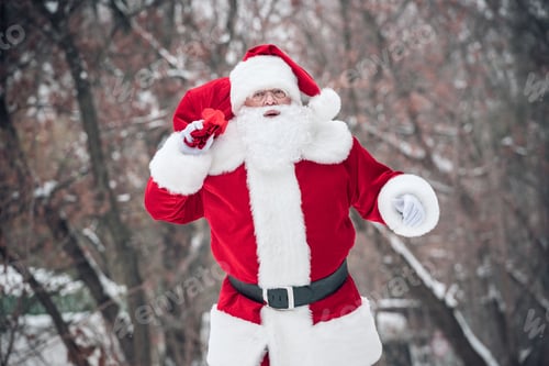 Preview: Santa Claus walking from the forest with red sack full of gifts