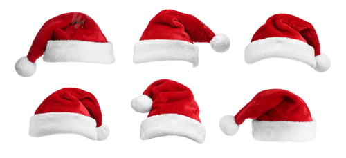 Preview: Set of red Santa hats on white background. banner deisgn