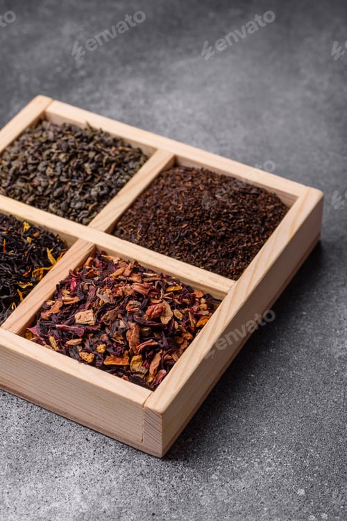 Preview: A box of various dry teas, black, green, herbal, and fruit. A set of different tea varieties
