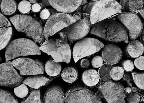Preview: Background of dry chopped firewood logs in a pile, black and white