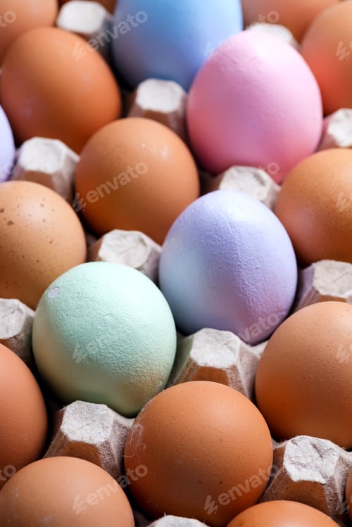 Preview: Natural organic farm eggs and part of them are handmade painted on a paper eco carton tray. Top view