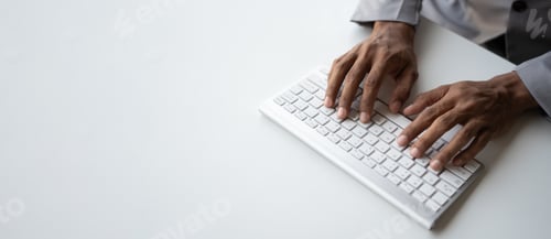 Preview: Hand typing message on keyboard laptop chatting friend search information form internet while workin