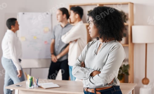 Preview: Angry and frustrated black woman in business meeting team presentation for creative web advertising