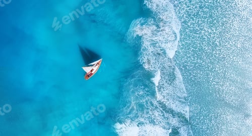 Preview: Wave and boat on the beach as a background. Beach and waves from top view.