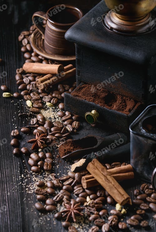 Preview: Black coffee beans with spices