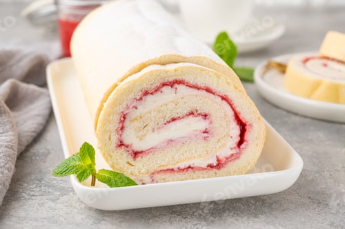 Preview: Sponge cake roll with strawberry jam and cream on a white plate on a gray background. Copy space