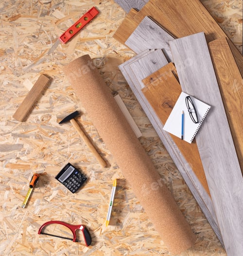 Preview: Laminate floor on osb wood background texture and tools. Wooden laminate floor plank