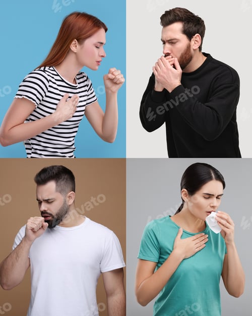 Preview: People coughing. Set of portraits on different colors backgrounds