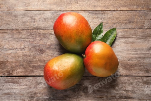 Preview: Flat lay composition with mango on wooden background
