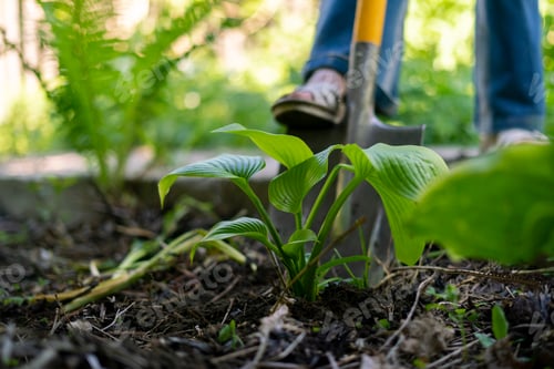 Preview: woman working hard at the backyard of her cottage with shovel, planting in the soils