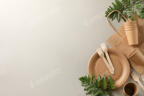 Preview: Concept with eco - friendly tableware and plant on grey background, copy space