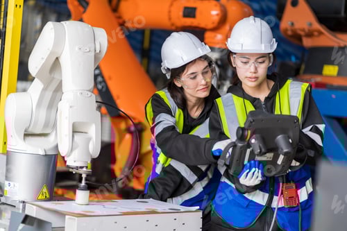 Preview: A team of female engineers meeting to inspect computer-controlled steel welding robots.