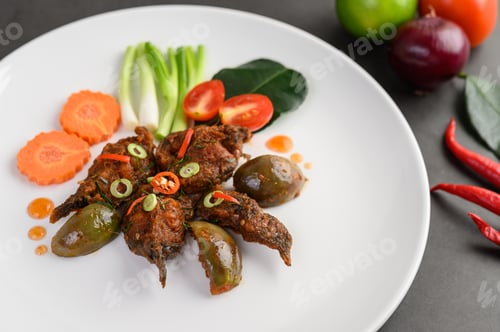Preview: Spicy Fried Stir Catfish on white plate, Thai food.