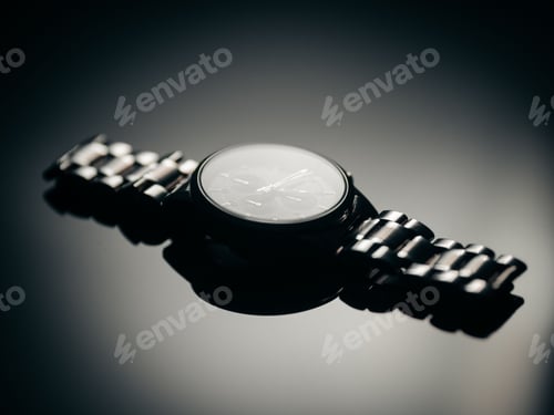 Preview: Closeup shot of a metal luxury hand watch and its reflection on an isolated background