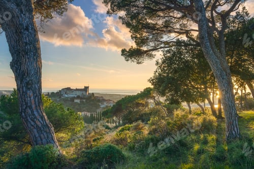 Preview: View from above of Rosignano Marittimo and the sea in the background. Tuscany, Italy