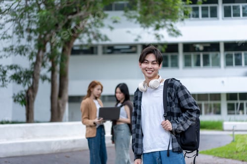 Preview: A young man with a backpack is smiling in front of a building
