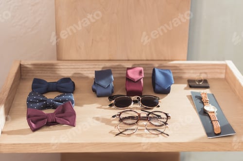 Preview: bow ties, neckties, glasses and wristwatch laying on wooden display at shop