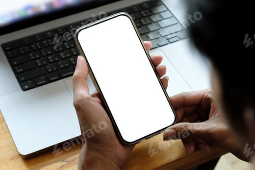 Preview: Mock up phone in man hand showing white screen
